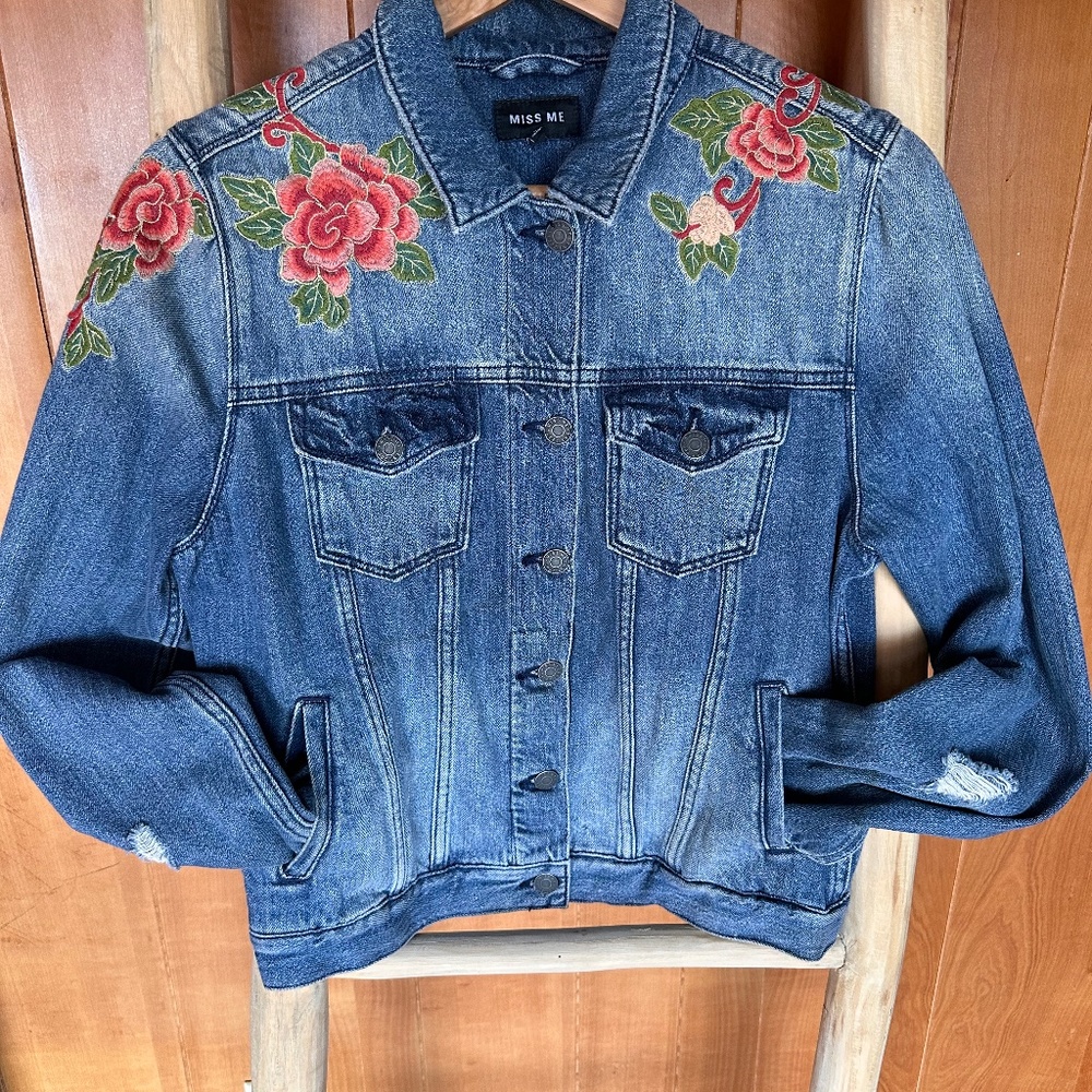 Miss Me Embroidered Distressed Denim Jacket